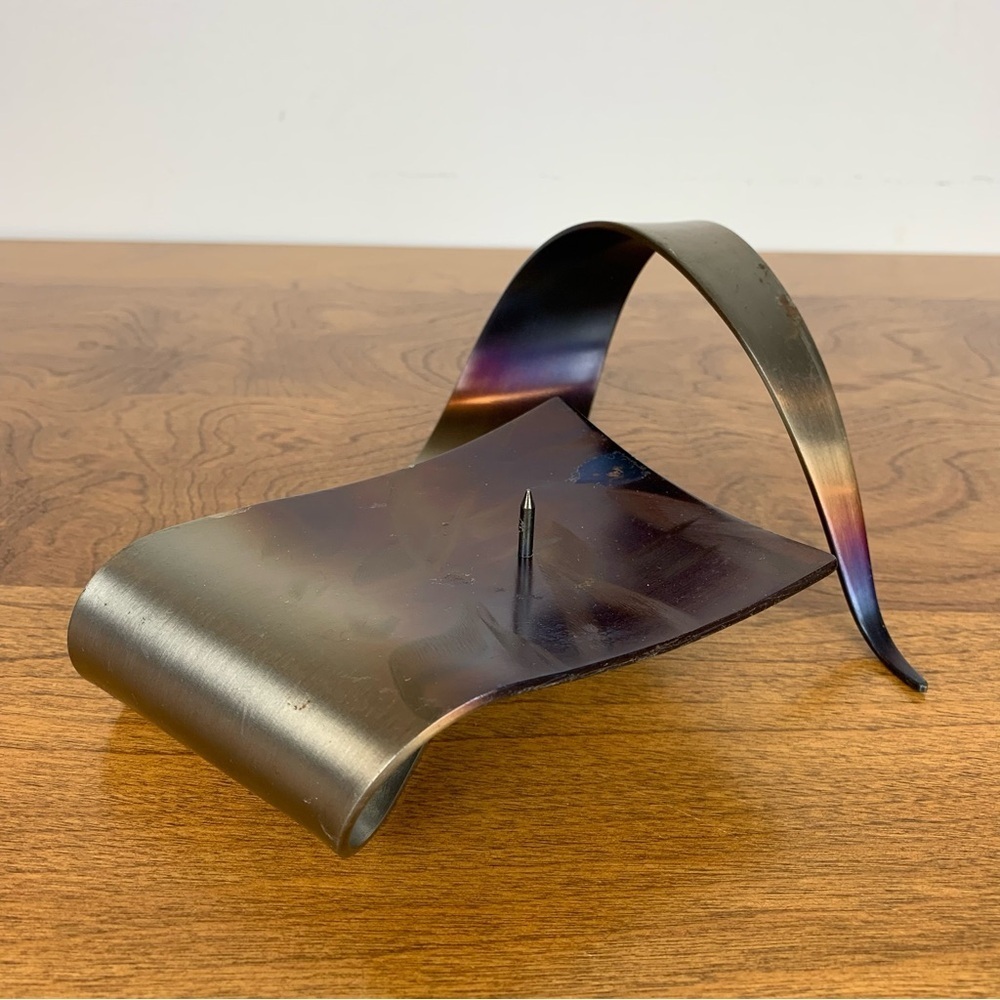Ferart Iron Candle Holder Swirls Organic OOAK Vtg Metallic Brown Brutalist Wavy